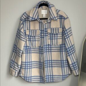 H&M Cream and Light Blue Plaid Utility Shacket